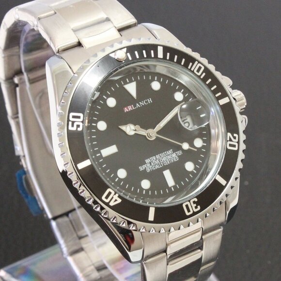 Men's Diver Style Watch Black Uni-directional Bezel Stainless Bracelet 40mm - Picture 5 of 11